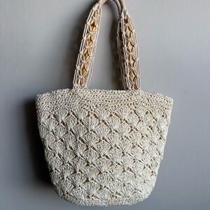 Woven Crochet Tote Bag with Wooden Bead Handles
